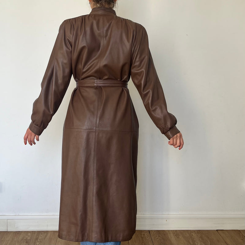 Vintage Brown leather Long Trench Coat