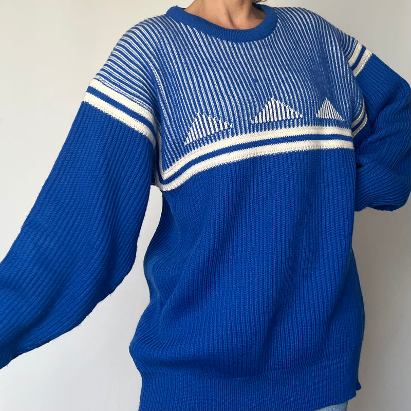 Vintage woman geometric blue wool Sweater