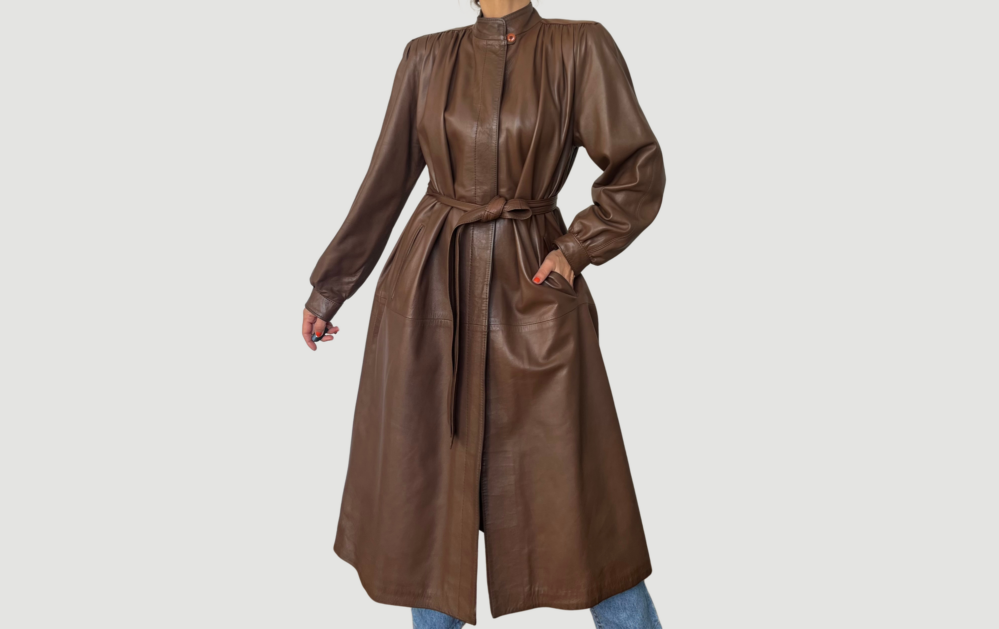 Vintage Brown leather Long Trench Coat