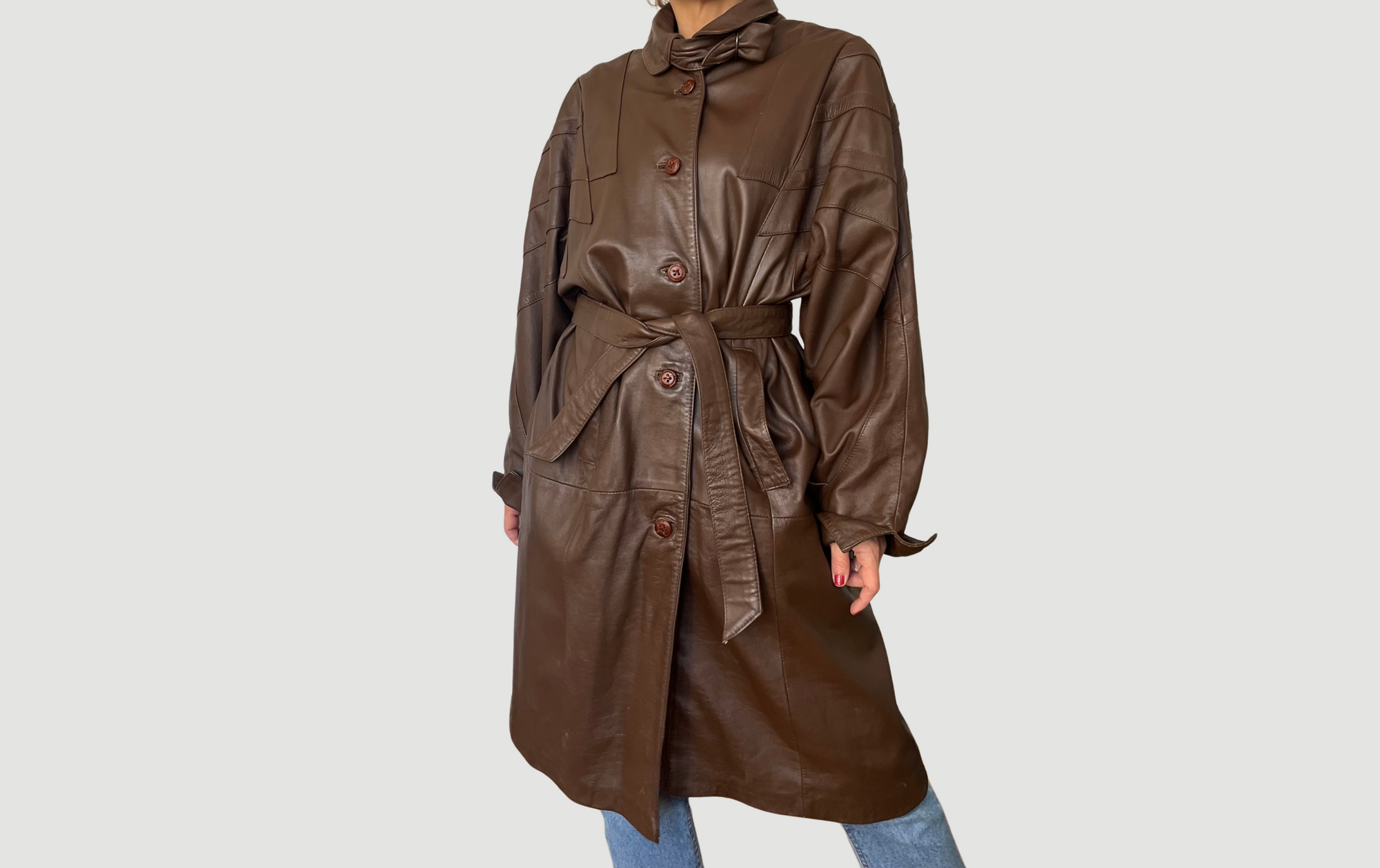 Vintage brown leather Long Trench Coat with belt