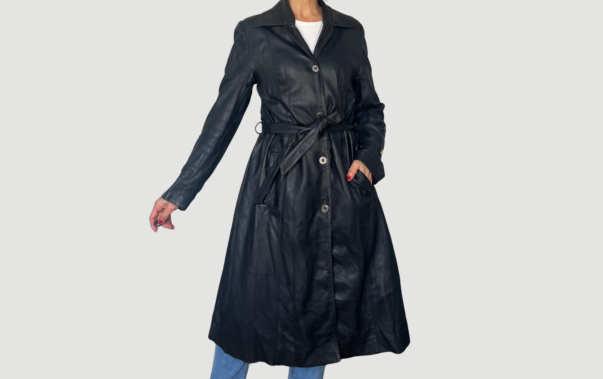 Vintage dark blue leather Long Trench Coat